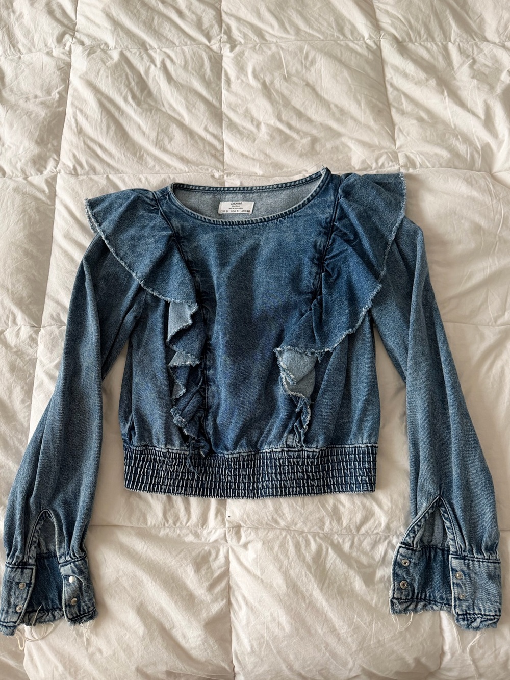 Bershka Denim Blue Ruffle Long-Sleeve Top